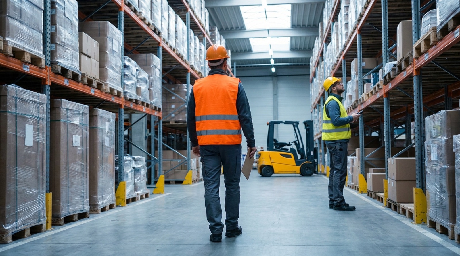 Sachverständige in Industriehalle dokumentieren Warenbestand beim Ablauf der Insolvenzverwertung