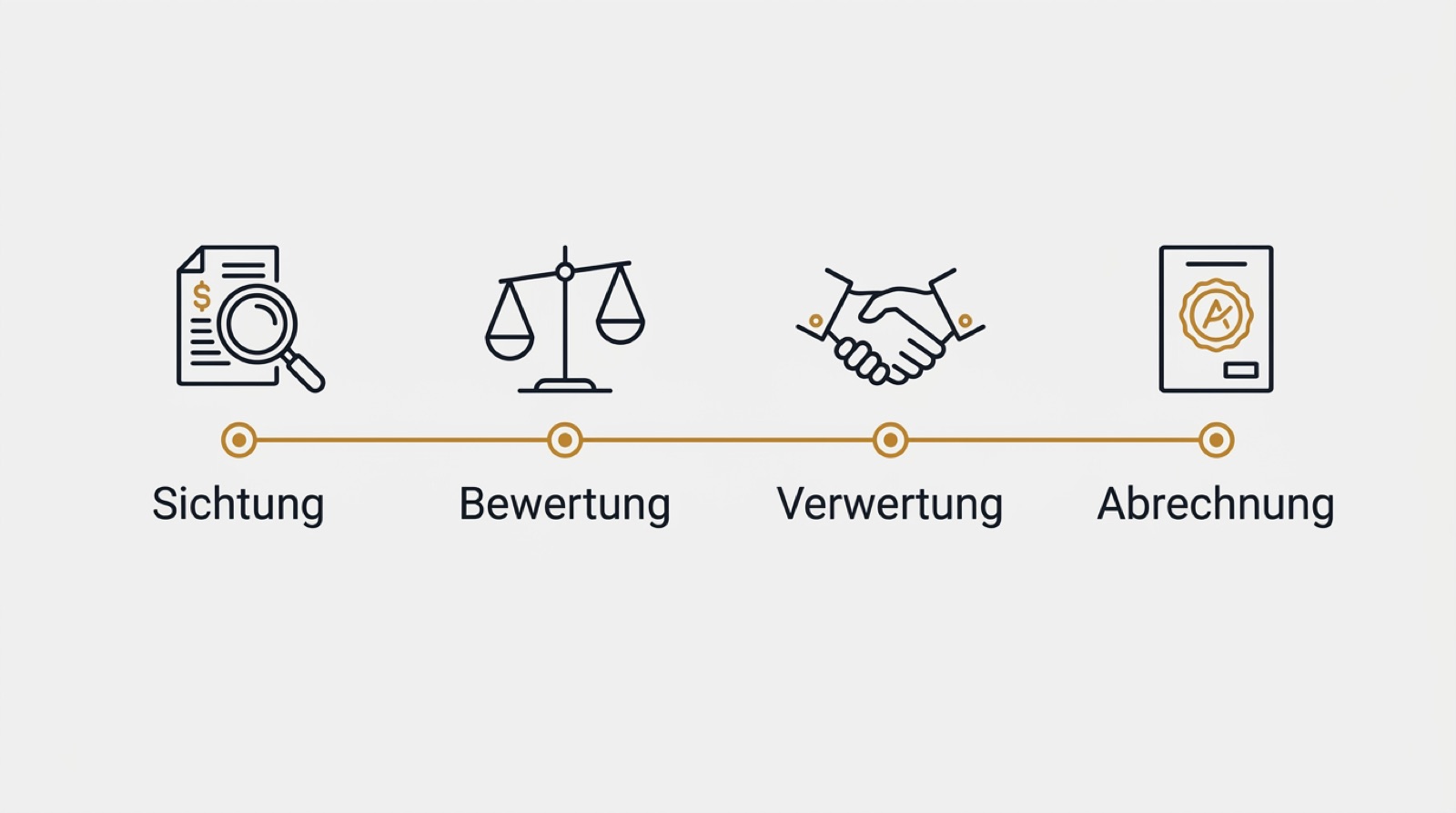 Infografik vierstufiger Prozess der Insolvenzverwertung von Sichtung bis Abrechnung