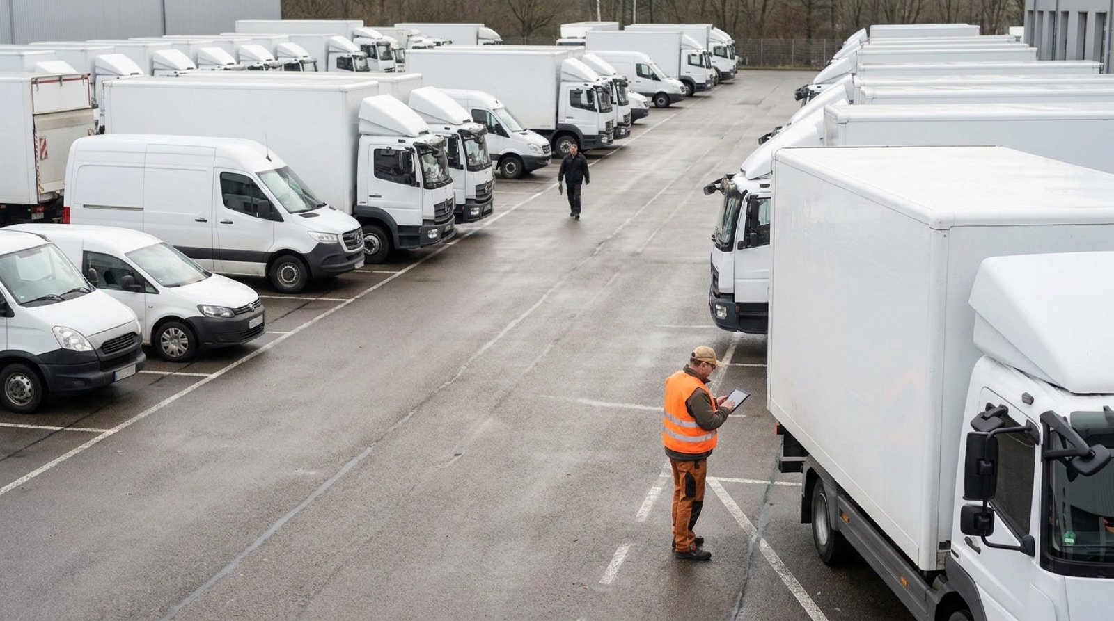 Fuhrpark aus Insolvenz mit Lkw, Transporter und Pkw auf Logistikhof, Sachverständiger bewertet Nutzfahrzeuge