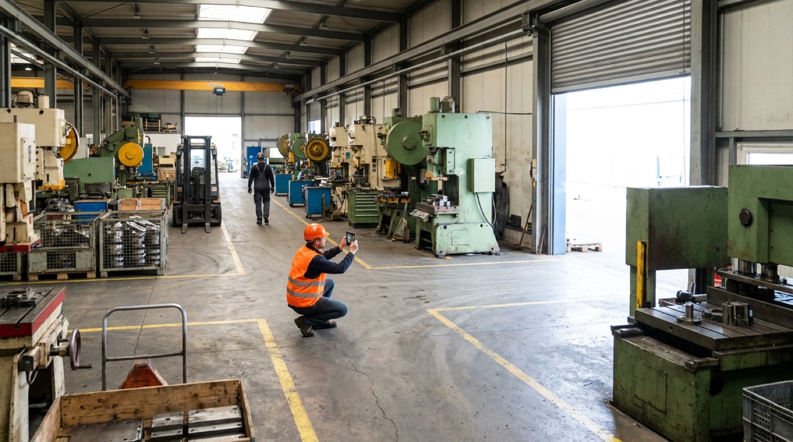 Gebrauchtmaschinen einer Firma in der Industriehalle: Bewertung gebrauchter Maschinen fuer Verkauf, Ankauf oder Auktion