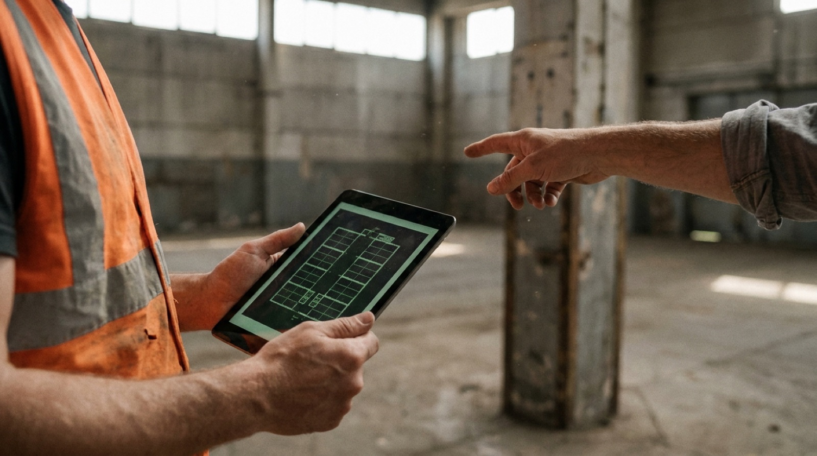 Begutachtung einer Gewerbeimmobilie aus Insolvenz, Tablet und Hand am Betonpfeiler einer Produktionshalle