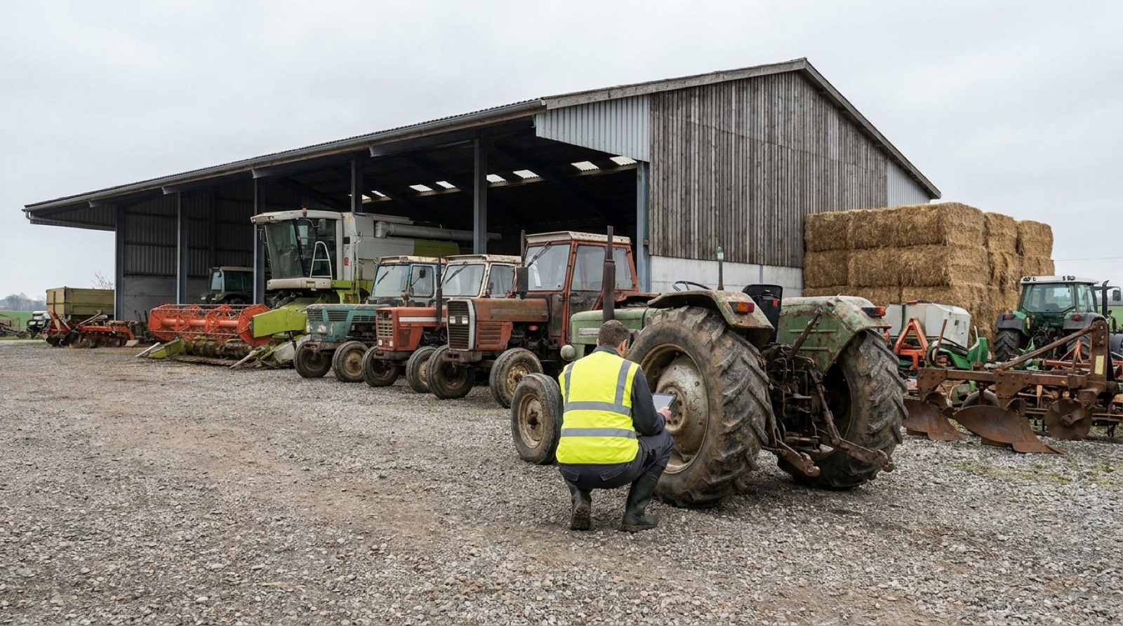 Insolvenzversteigerung Landwirtschaft mit Traktoren und Maehdrescher auf deutschem Bauernhof