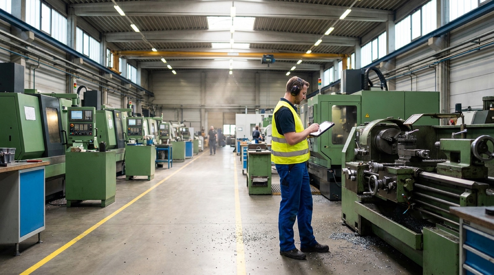 Sachverständiger in Warnweste bewertet Industriemaschinen in deutscher Produktionshalle für Wertermittlung