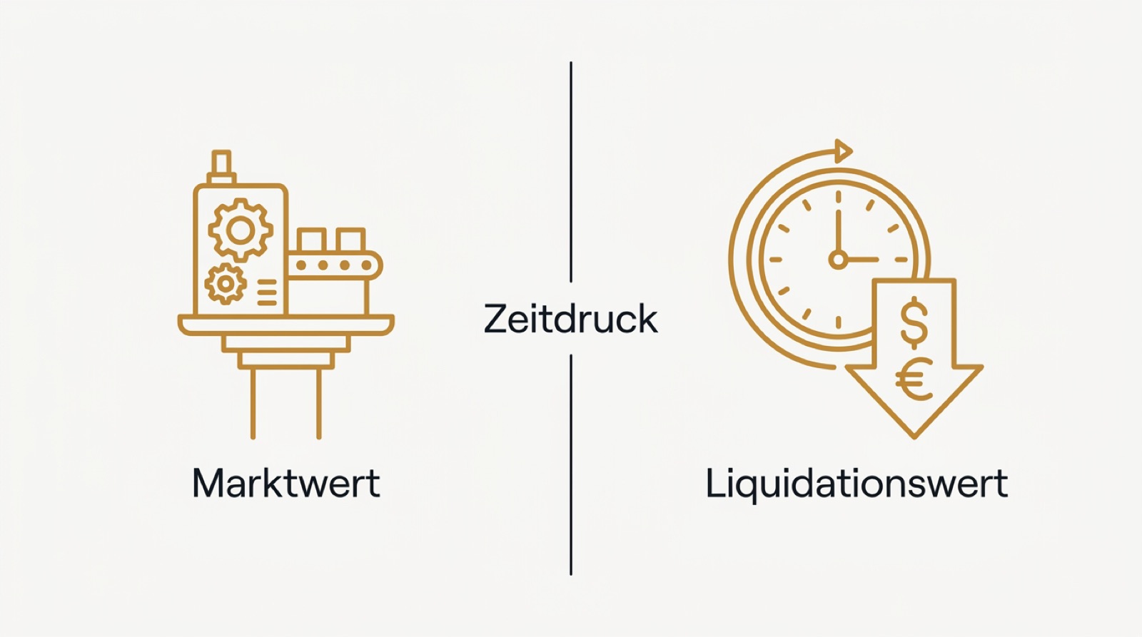 Infografik Vergleich Liquidationswert versus Marktwert mit Zeitdruck-Faktor bei Industrieanlagen