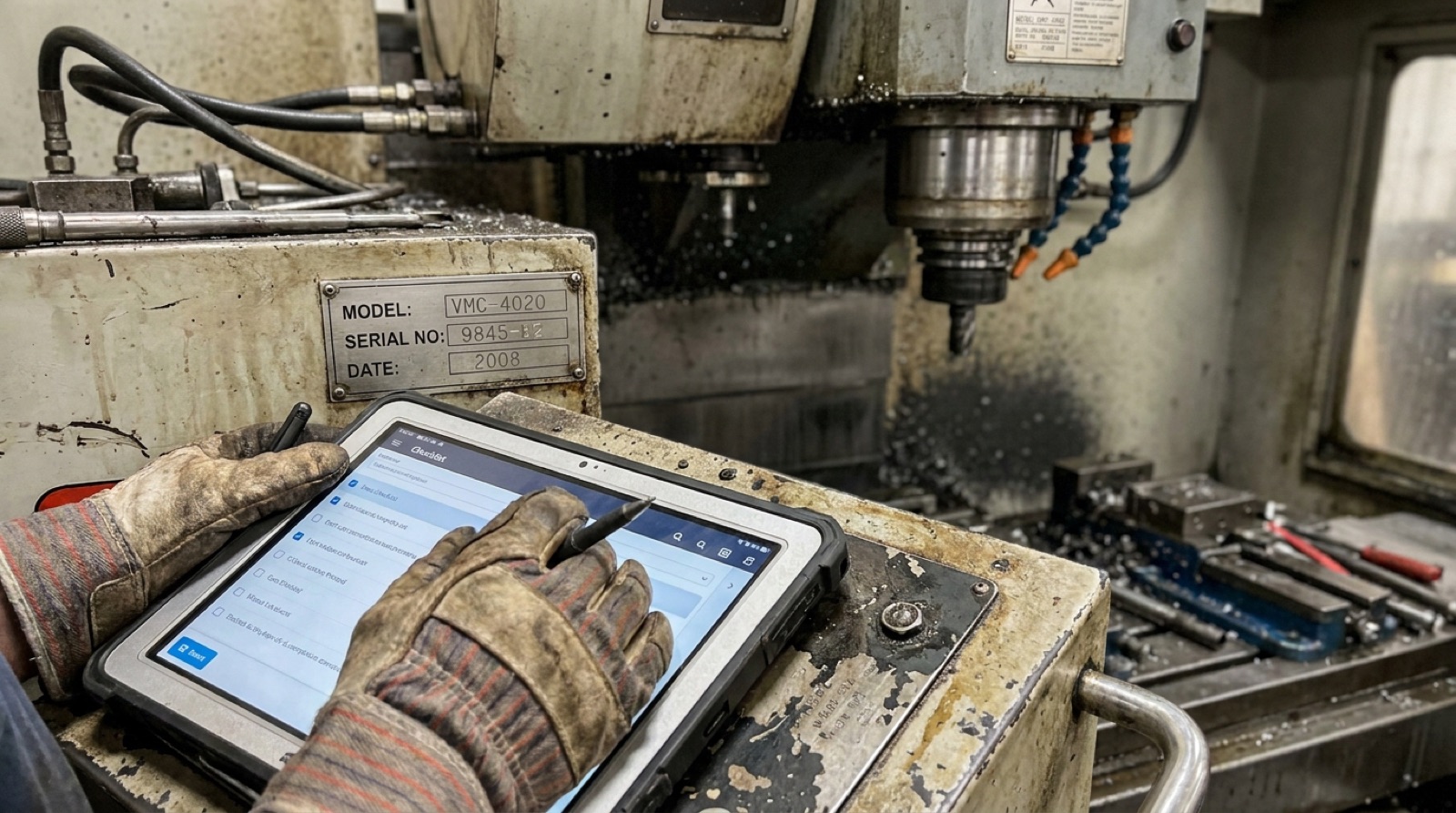 Detailfoto Bewertung einer Werkzeugmaschine mit Tablet am Bedienfeld der CNC-Maschine