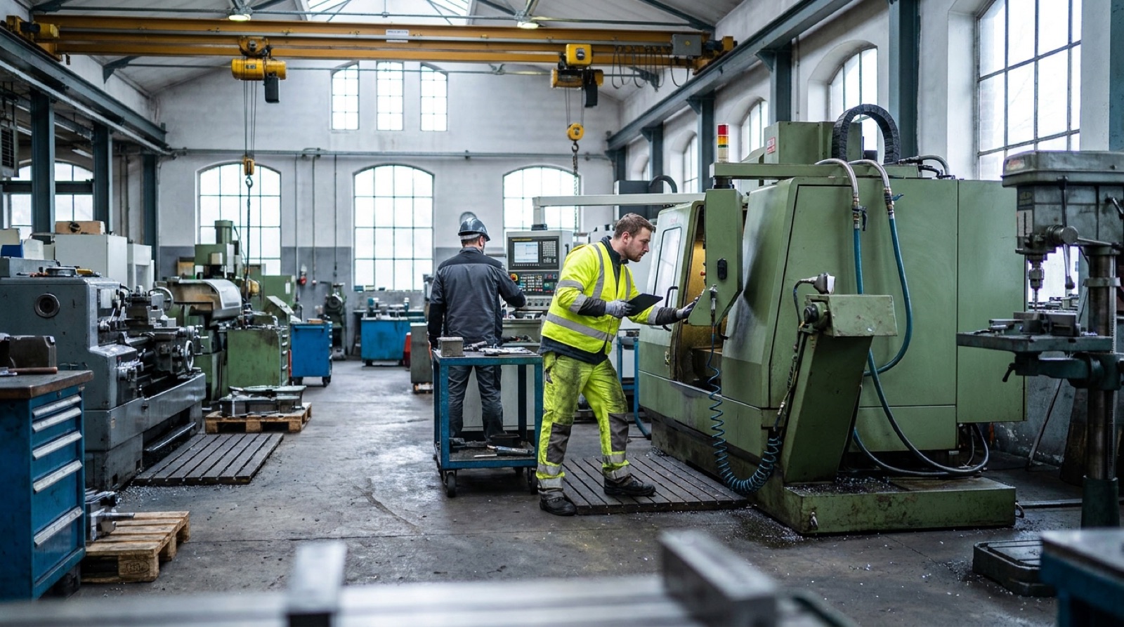 Maschinenbewertung in Produktionshalle: Sachverständiger begutachtet Industriemaschine mit Tablet