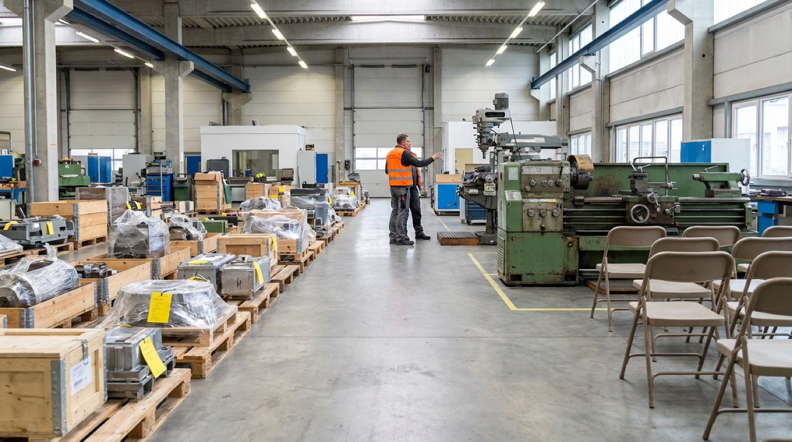 Maschinen in Industriehalle für Sofortankauf oder Versteigerung von Insolvenz-Assets